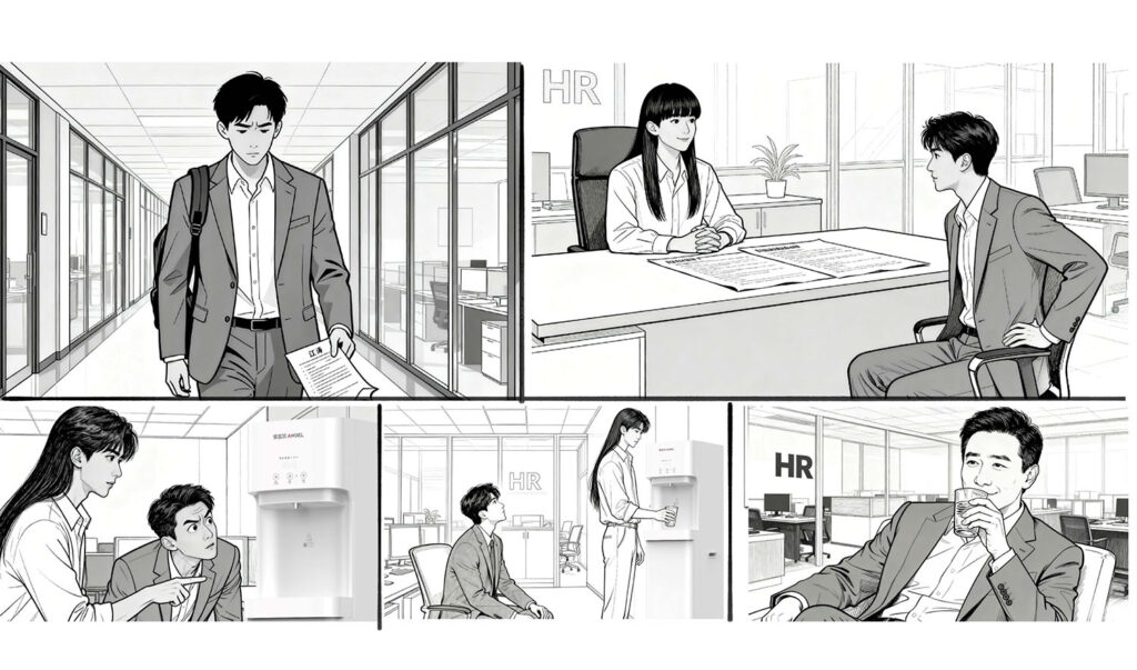 深圳黑眼睛广告为安吉尔智睿A100短视频手绘的分镜故事板，画出HR办公室面试场景、演员走位与表情变化