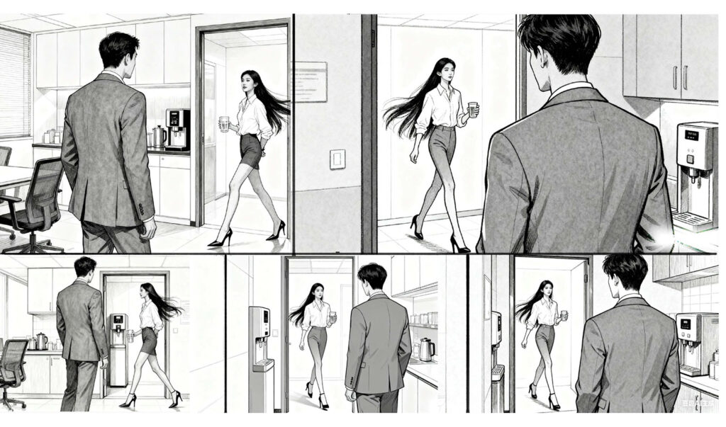 深圳黑眼睛广告为安吉尔智睿A100短视频手绘的分镜故事板，勾勒茶水间人物走位、眼神互动与直饮机使用画面