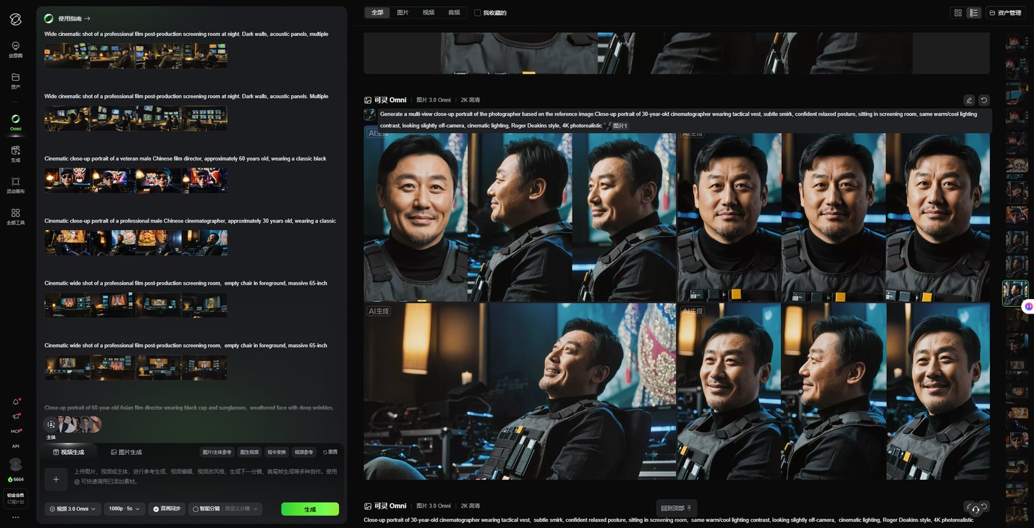 可灵AI角色一致性抽卡对比：摄影师角色八宫格生成记录，支撑《细节盲》全AI角色创作的人物统一性